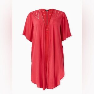 Torrid Red Crinkled Gauze Crochet Inset Longline Kimono sz 00/0